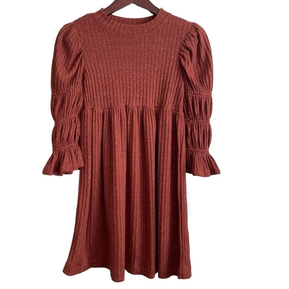 Bonnie Jean Girls Cottage Ribbed‎ High Waist Dress 12 Rust Metallic Puff Sleeve